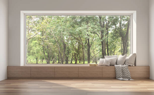 asiento de la ventana lateral con naturaleza vista 3d render. - ventanal fotografías e imágenes de stock