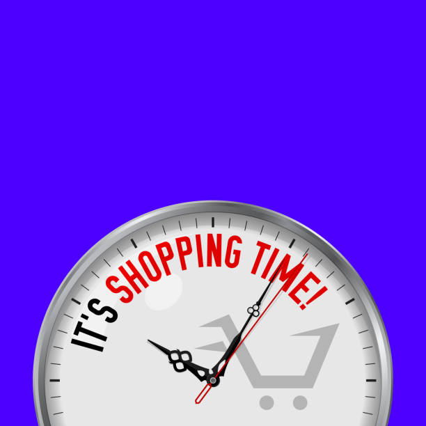 istock It's Shopping Time. White Vector Clock with Motivational Slogan. Analog Metal Watch with Glass. Shopping Cart Icon 1125261059