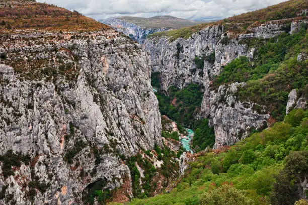 Verdon Gorge, Aiguines, Provence, France: landscape of the Falaises de Bauchet, a deep and impressive river canyon