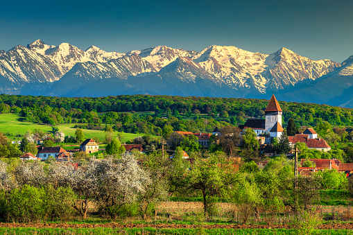 Gorgeous spring countryside landscape, church of Hosman and high snowy Fagaras mountains in background, Sibiu region, Transylvania, Romania, Europe