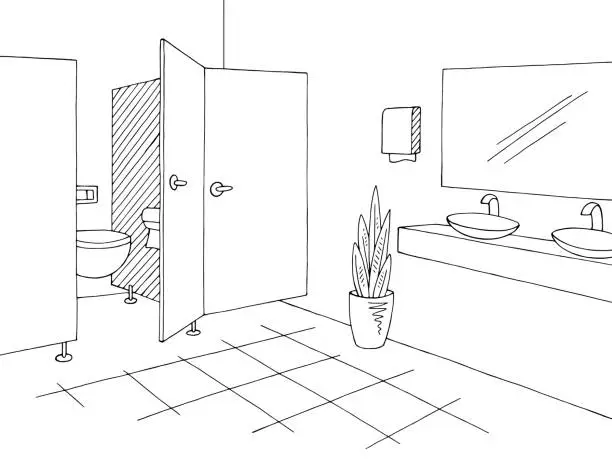 Vector illustration of Public toilet graphic interior black white sketch illustration vector