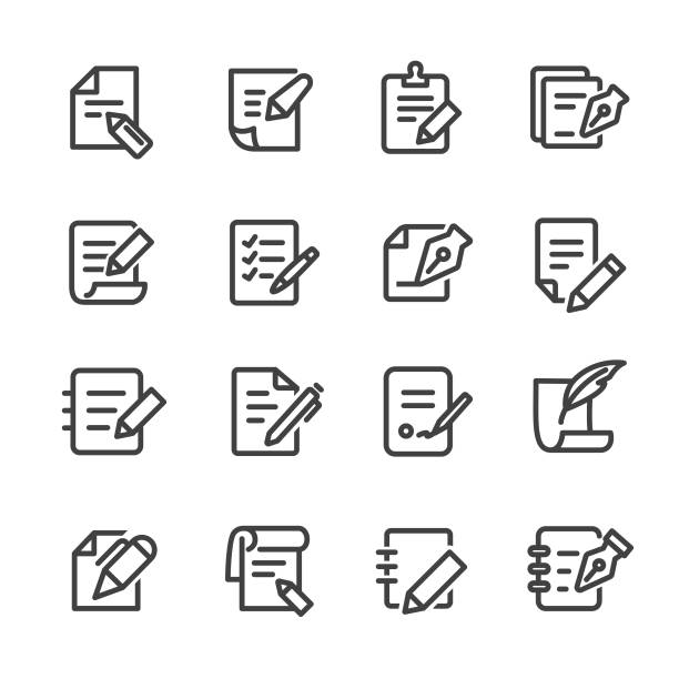 펜과 종이 아이콘-라인 시리즈 - clipboard note pad pen paper stock illustrations