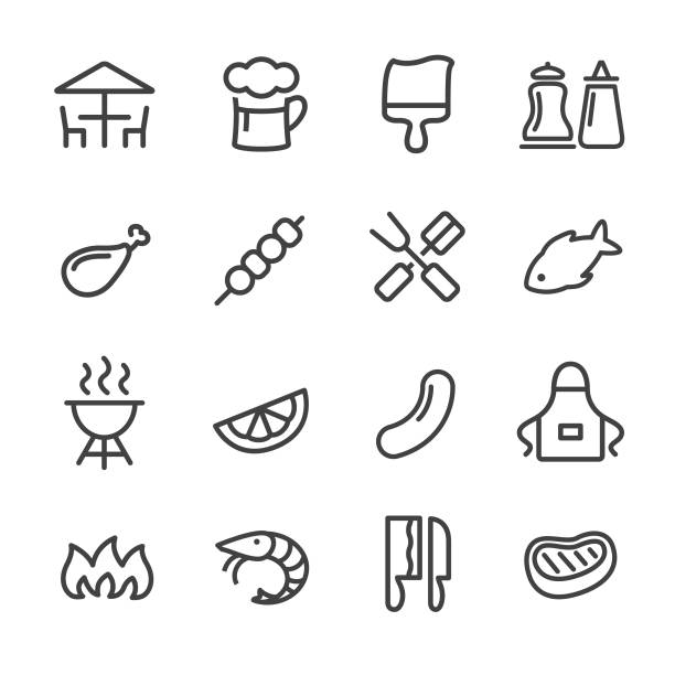 bbq-icons - line serie - cooking clothing foods and drinks equipment stock-grafiken, -clipart, -cartoons und -symbole