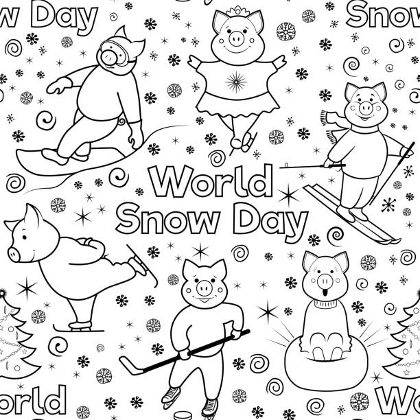 śnieżny dzień bez szwu wzór1 - skiing snow snowboarding winter sport stock illustrations