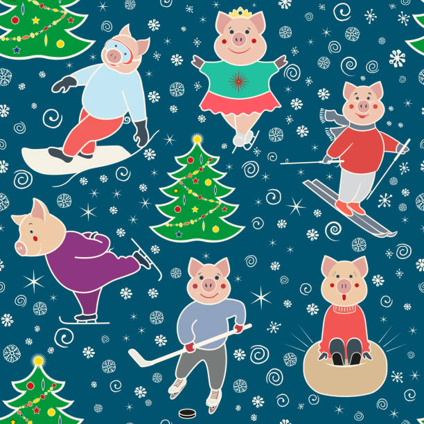 śnieżny dzień bez szwu wzór4 - christmas christmas tree snow illustration and painting stock illustrations