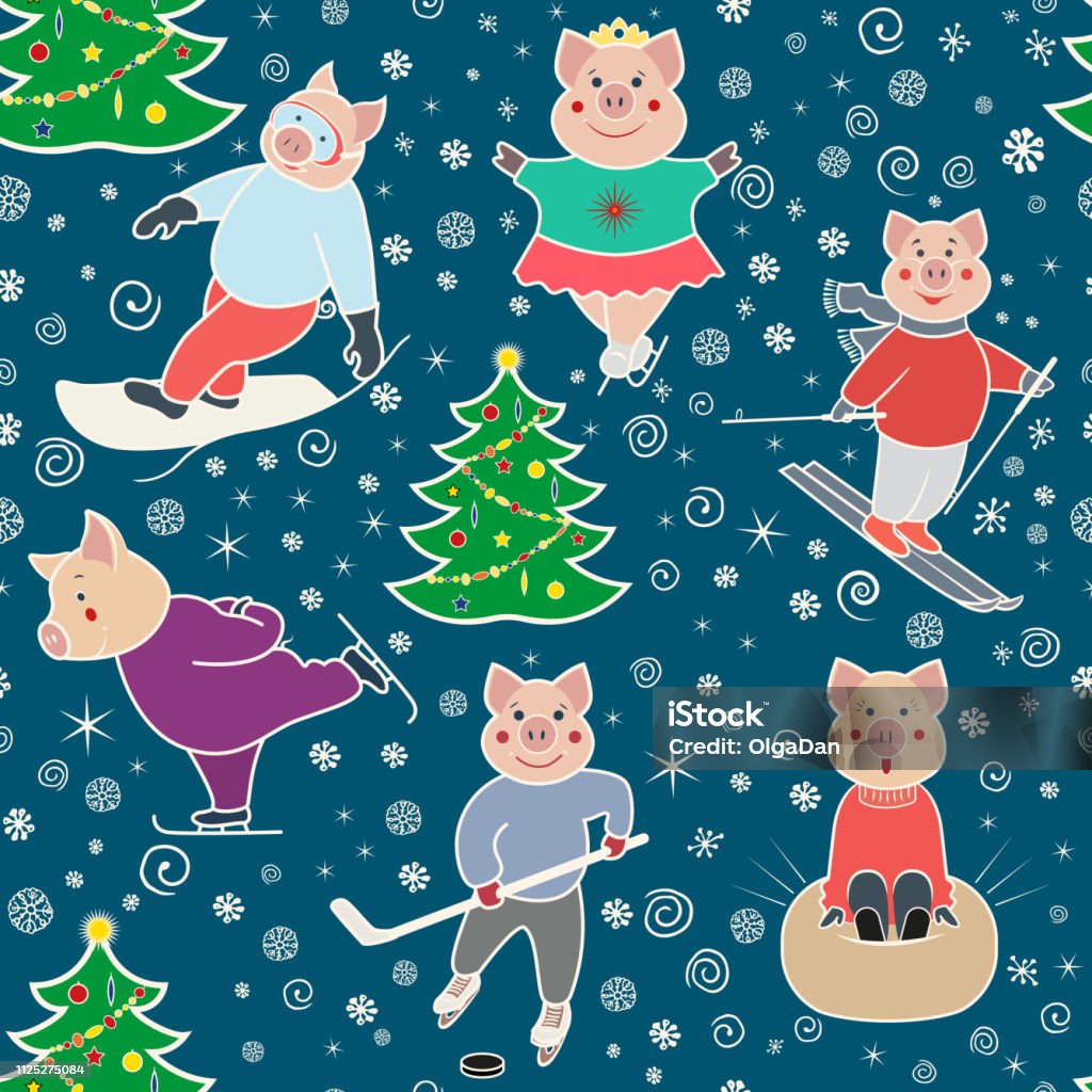 Snow Day seamless pattern4 Seamless pattern with characters involved in winter sports. Pigs skier, skater, snowboarder, skater. Color illustration in doodle style. Vector. Animal stock vector