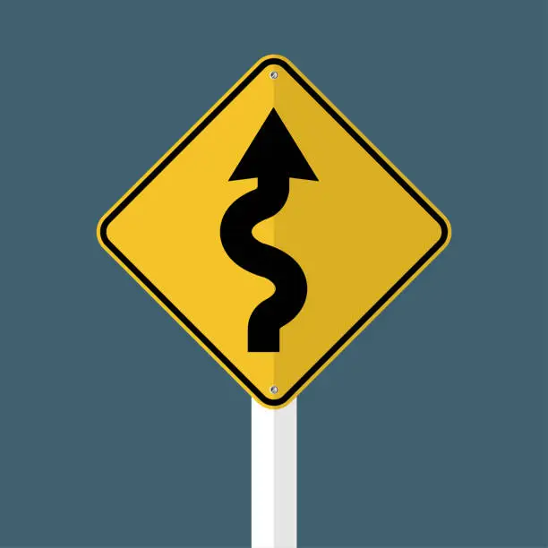 Vector illustration of Right winding road Sign isolated on grey sky background.Vector illustration