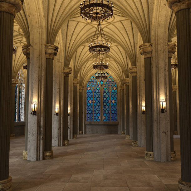 готическая арка галерея интерьер 3d визуализации - gothic style castle church arch стоковые фото и изображения