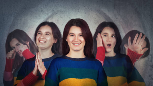 Multipolar mental health disorder Young woman suffer split emotions into five different inner personalities. Multipolar mental health disorder concept. Schizophrenia psychiatric disease. Face expressions and reactions mood change. janus head stock pictures, royalty-free photos & images