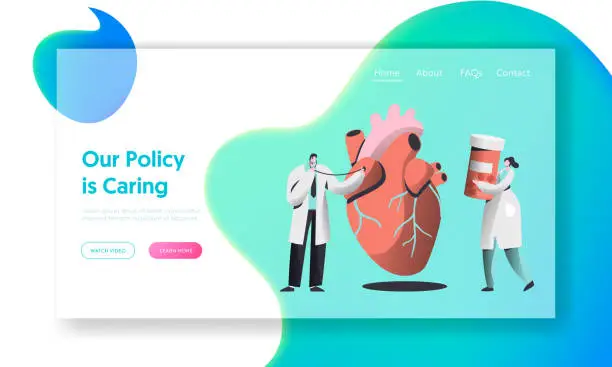 Vector illustration of Professional Health Care Landing Page. Doctor with Stethoscope listen Human Heartbeat. Woman Carry Drug Container. Female in Medical Gown hold Pill Concept for Website Flat Cartoon Vector Illustration