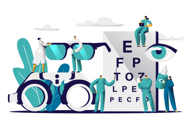 ilustraciones, imágenes clip art, dibujos animados e iconos de stock de médico oftalmólogo prueba miopía ojo. oculista macho con puntero examen optometría gafas. médico mantenga equipo óptico gafas, gota tratamiento plano de dibujos animados vector ilustración - optical instrument illustrations