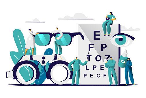 Ophthalmologist Doctor Test Myopia Eye. Male Oculist with Pointer Checkup Optometry for Eyeglasses. Medical Optician Team hold Eyewear, Drop for Treatment Flat Cartoon Vector Illustration