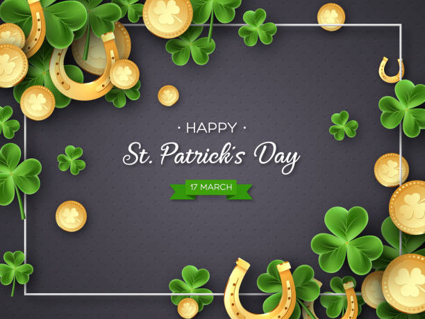 St. Patricks Day greeting holiday design. St. Patricks Day card. Clover leaves, golden horseshoes and coins on dark background for greeting holiday design. Vector illustration. change borders stock illustrations