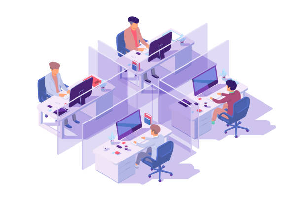 Isometric 3d workplace with four sections and businessman programmer at computer. Isometric 3d workplace with four sections and businessman programmer at computer. Concept employee men with electronic device and equipment. Low poly. Vector illustration. four people office stock illustrations