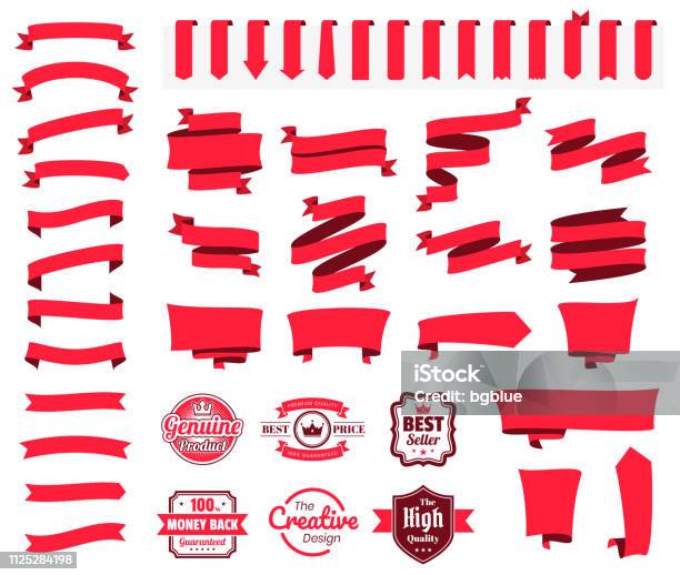 一套紅色絲帶 橫幅 徽章 標籤白色背景上的設計項目向量圖形及更多絲帶 - 縫紉物品圖片 - 絲帶 - 縫紉物品, 獎帶, 橫額