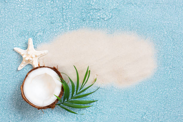 istock Light blue background with sand, coconut and palm leaf 1125290142