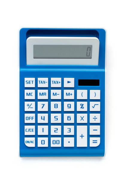 Calculator from above against white background close up