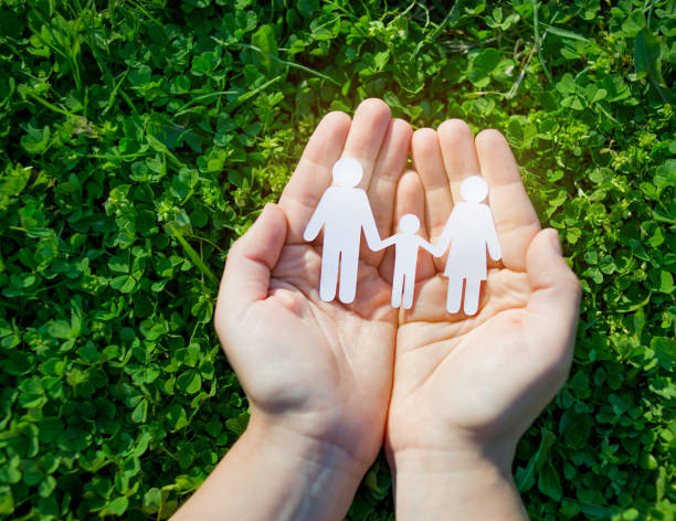 istock Paper family in two hands on green grass background 1125295232