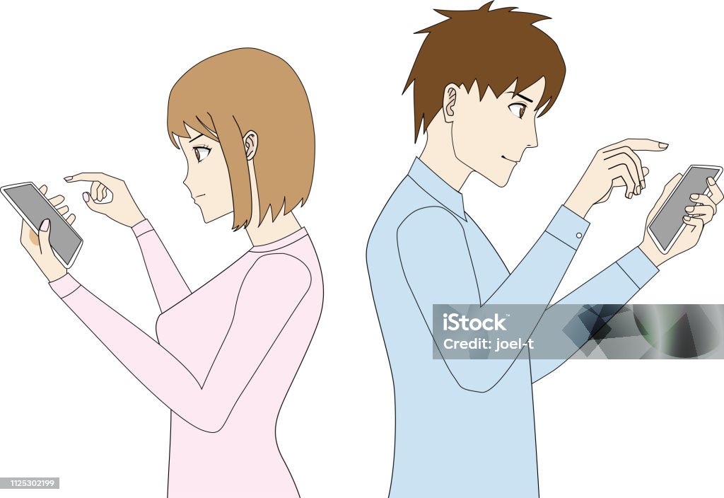 Illustration of young woman and man holding a smartphone in the hand Illustration of young woman and man who have a smartphone in the hand. Profile View stock vector