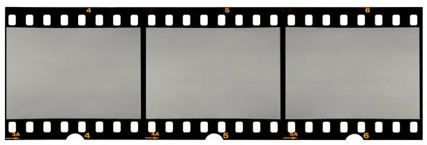 Photo of long film strip, blank photo frames, free space for your pictures, real high-res 35mm film strip scan with signs of usage on white background