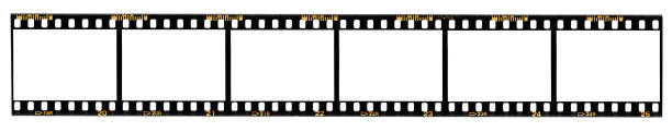 long film strip, blank photo frames, free space for your pictures, real high-res 35mm film strip scan with signs of usage on white background stock photo