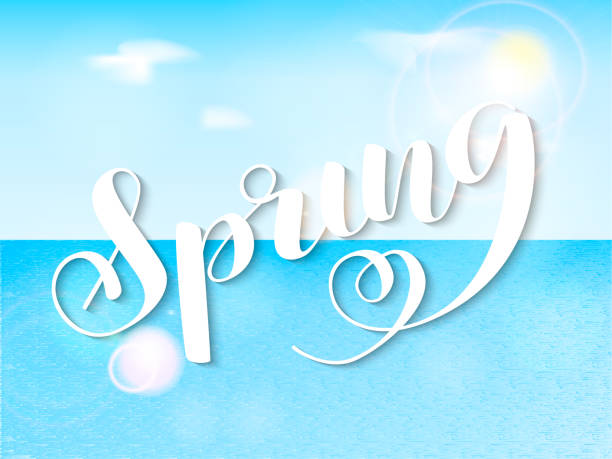 istock Spring brush lettering. Sky and sea background. Vector illustration for banner or poster 1125305663