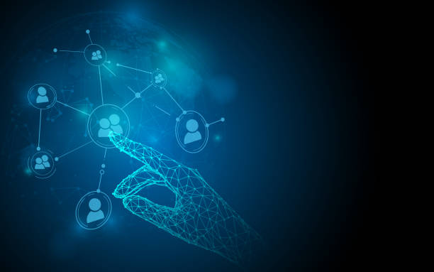 istock Hand touching social network icons from lines, triangles and particle style design. Illustration vector 1125308623