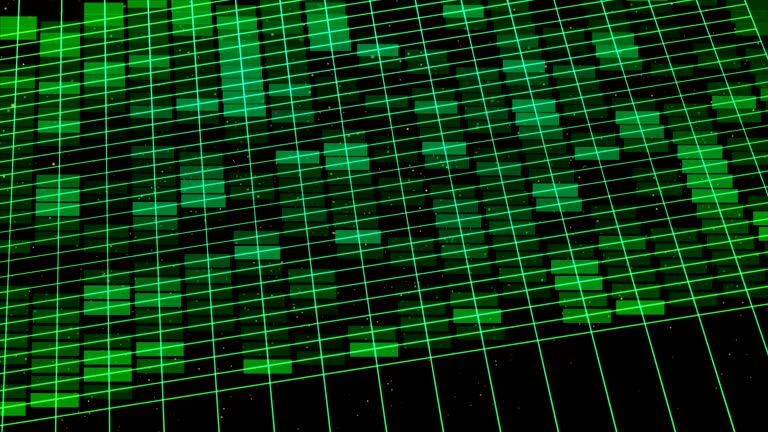 green digital abstract background with wave square particles, glow sparkles and space with depth of field. Particles form lines, surface and grid.