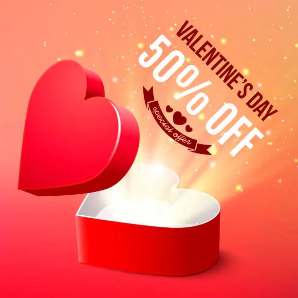 Vector illustration of Valentine's Day sale advertisement banner, open heart shaped gift box, vector illustration