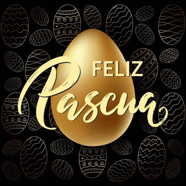 Vector illustration of Feliz Pascua - Happy Easter hand drawn typography lettering in Spanish language on realistic golden shine egg. Invitation illustration card, promotion, poster, flyer, web-banner, article.