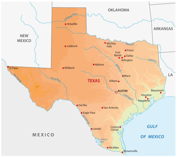 ilustrações, clipart, desenhos animados e ícones de mapa de vetor físico estado do texas coloridas simples - cartography oklahoma map isolated