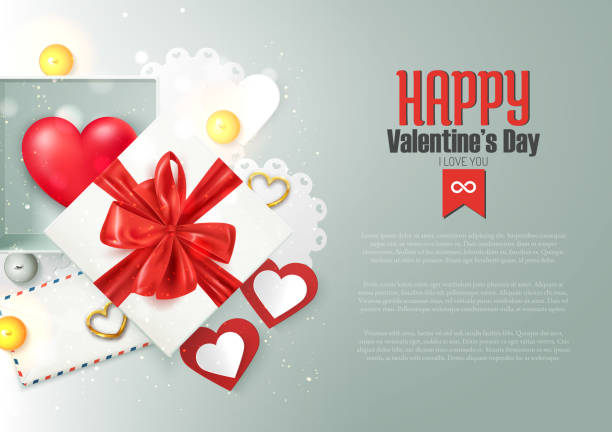 Happy Valentine's day composition with gift box and romantic elements, postcard, banner, vector illustration Happy Valentine's day composition with gift box and romantic elements, postcard, banner, vector illustration candle package mockup stock illustrations