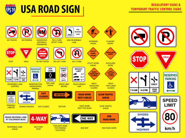 illustrations, cliparts, dessins animés et icônes de jeu de panneau de signalisation des usa. - sign street traffic left handed