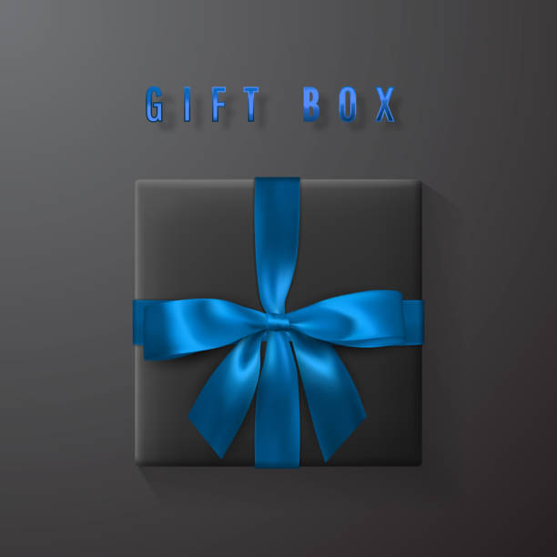 istock Black gift box with blue bow and ribbon top view. Element for decoration gifts, greetings, holidays. Vector illustration 1125319413