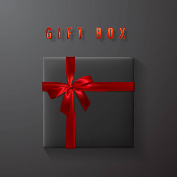 istock Black gift box with red bow and ribbon top view. Element for decoration gifts, greetings, holidays. Vector illustration 1125319931