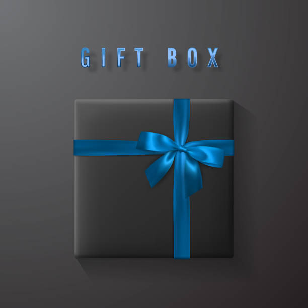 istock Black gift box with blue bow and ribbon top view. Element for decoration gifts, greetings, holidays. Vector illustration 1125319954