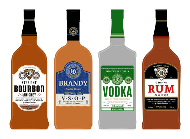Vector alcoholic drinks labels on bottles Vector alcoholic drinks labels on bottles. Bourbon, rum, brandy and vodka labels. Distilling business branding and identity design elements. whiskey illustrations stock illustrations