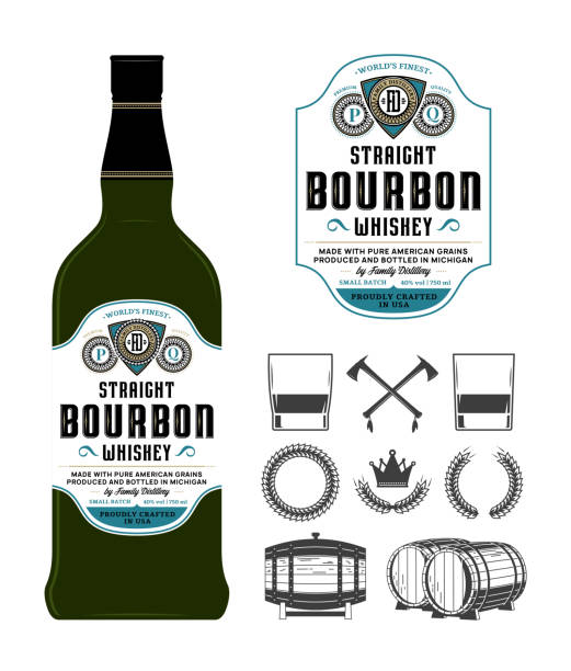 Vector bourbon labels on a bottle Vector bourbon whiskey label on a bottle. Distilling business branding and identity icons and design elements. bourbon barrel stock illustrations