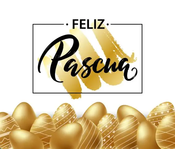Vector illustration of Feliz Pascua - Happy Easter typography lettering in Spanish language with realistic golden shine decorated eggs. Invitation, greeting card, promotion, poster, flyer, web, social media. Golden texture.