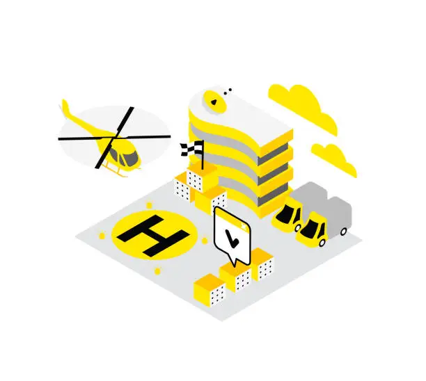 Vector illustration of Smart city. Helicopter helipad data infrastructure isometric concept technology. Internet cloud storage heliport.