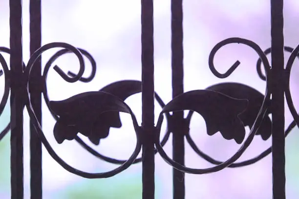 Photo of Close up detail of overlapping cast-iron decorations of a balcony door with strong bokeh effect.