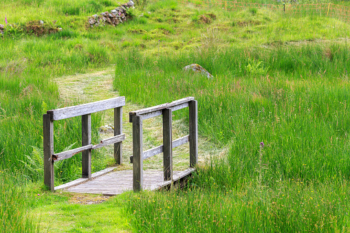 Small wooden bridge with handrails over a grassy ditch