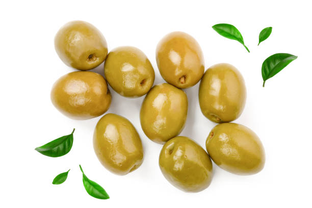 istock Green olives isolated on a white background. Top view. Flat lay 1125335468