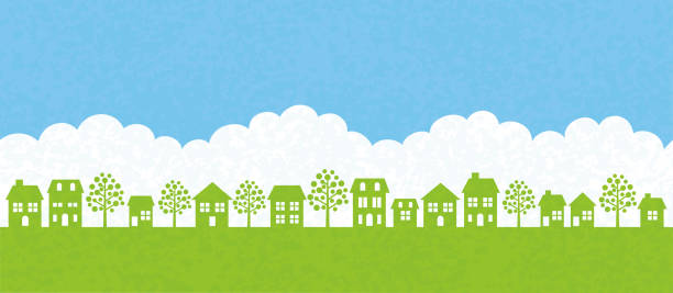 ilustraciones, imágenes clip art, dibujos animados e iconos de stock de ilustración de vector de townscape sin fisuras. - clear sky residential district house sky