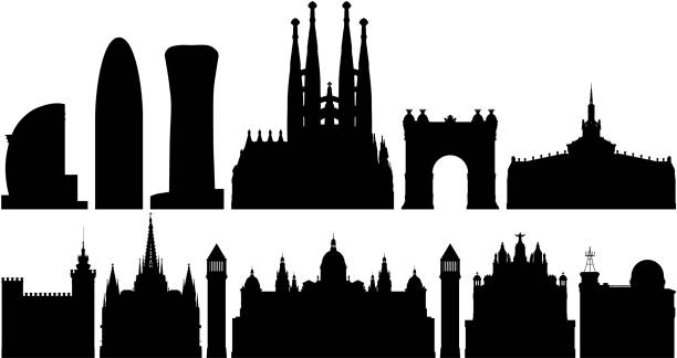 illustrations, cliparts, dessins animés et icônes de skyline de barcelone (tous les bâtiments sont complètes et mobile) - barcelone