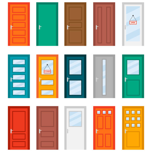 красочные входные двери в дома и здания, установленные в стиле плоского дизайна. набор цветных дверных иконок, векторная иллюстрация. красо - дверь иллюстрации stock illustrations