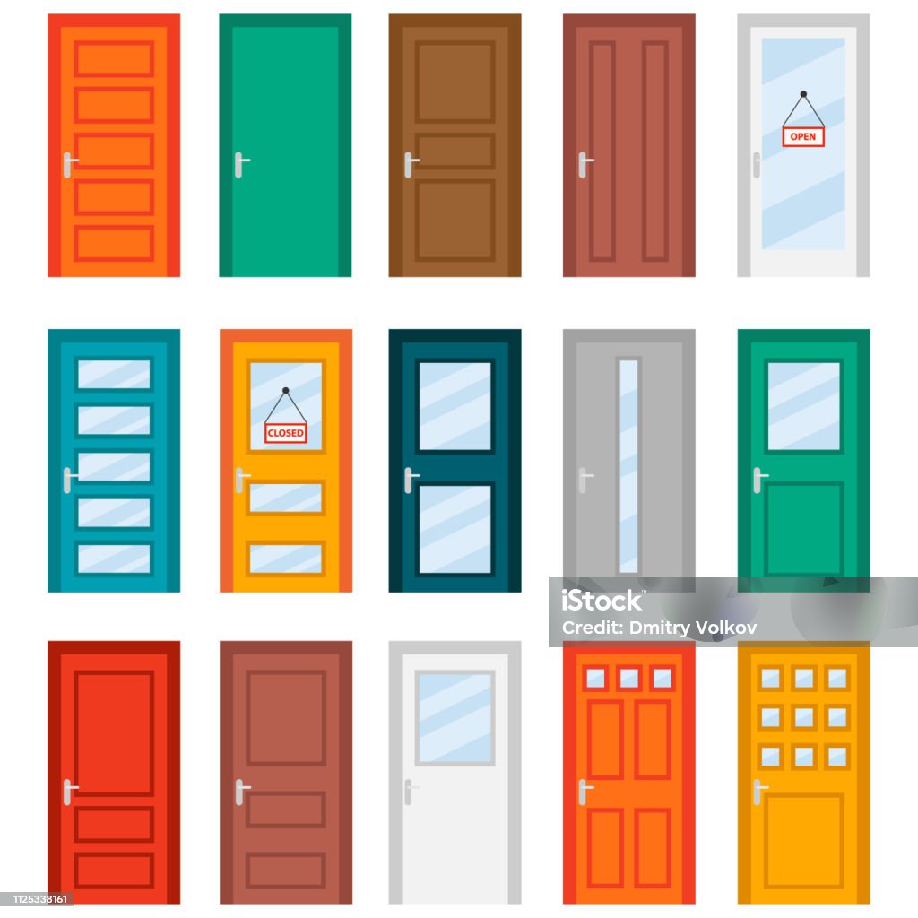 Colorful front doors to houses and buildings set in flat design style. Set of color door icons, vector illustration. Colourful realistic front doors collection Door stock vector