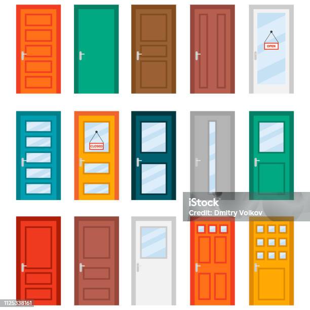 Colorful Front Doors To Houses And Buildings Set In Flat Design Style Set Of Color Door Icons Vector Illustration Colourful Realistic Front Doors Collection Stock Illustration - Download Image Now