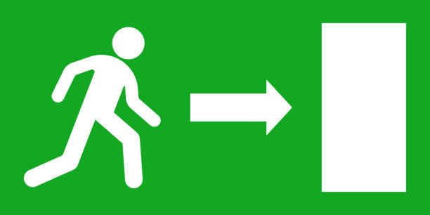 illustrazioni stock, clip art, cartoni animati e icone di tendenza di segnale di uscita di emergenza. vettore - direction arrow sign road sign escape