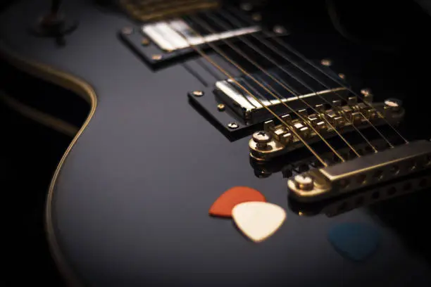 Photo of Electric guitar closeup, music background